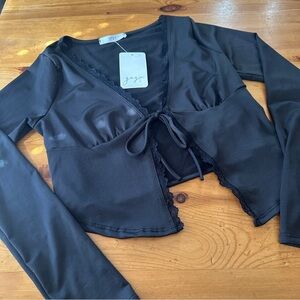 NWT Gaze Black Pen Front Tie Cardigan Lace Trim women S